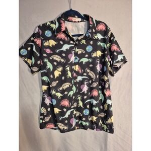 Romwe Space Dinosaur Button Down Short Sleeve Shirt - Quirky Print